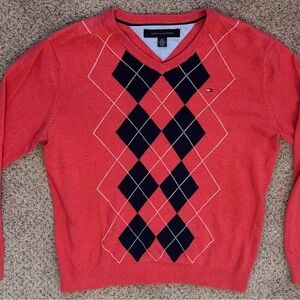 Tommy Hilfiger Men’s Retro Argyle V-Neck Sweater Red Navy Preppy Golf Y2K S